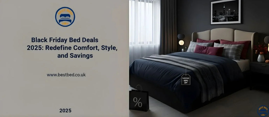 Modern bedroom featuring an elegant upholstered bed with cozy autumn lighting and Black Friday décor from BestBed.