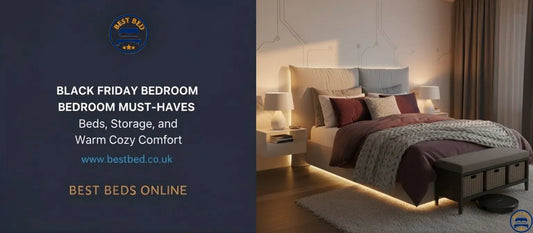 Modern bedroom setup featuring an upholstered bed with cozy bedding and stylish storage — perfect for Black Friday bedroom deals by BestBed