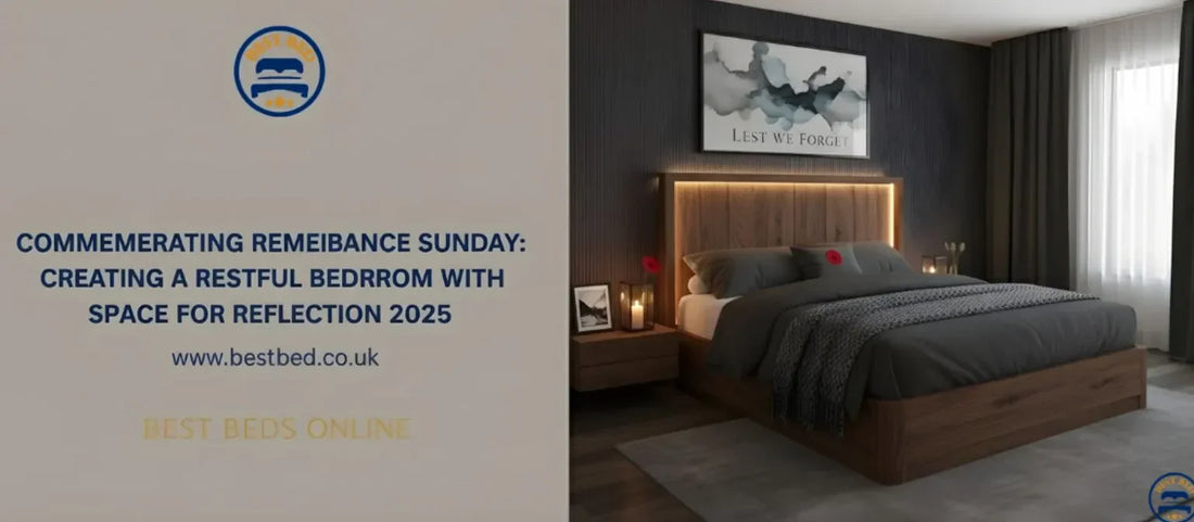 cozy bedroom interior with soft lighting and elegant bed frame, symbolizing peace and reflection for Remembrance Sunday