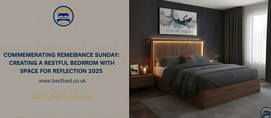 cozy bedroom interior with soft lighting and elegant bed frame, symbolizing peace and reflection for Remembrance Sunday