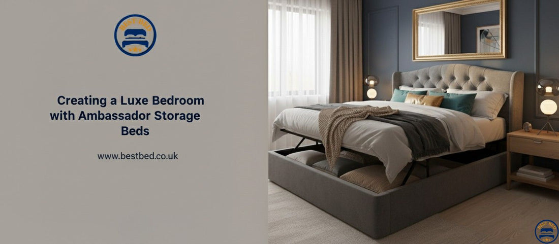 Luxury storage bed with extended headboard and built-in under-bed compartments in a modern UK bedroom