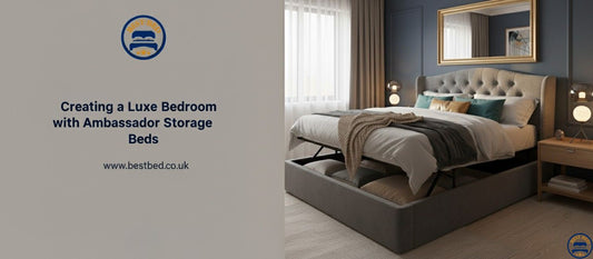 Luxury storage bed with extended headboard and built-in under-bed compartments in a modern UK bedroom