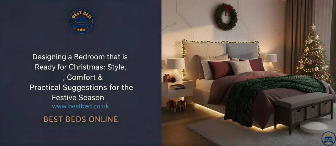 Cozy Christmas bedroom with upholstered bed, festive decorations, and warm lighting for winter comfort