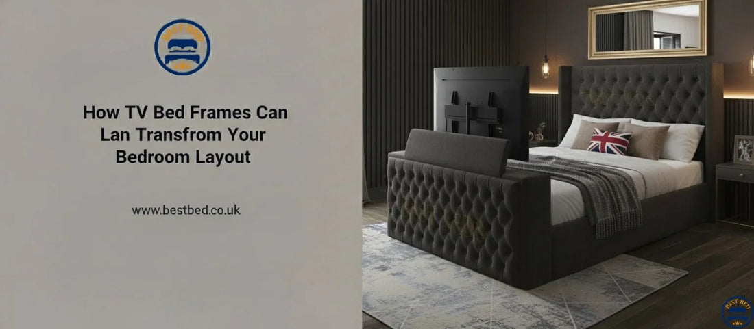 Modern bedroom with an upholstered TV bed frame and clean, organised layout