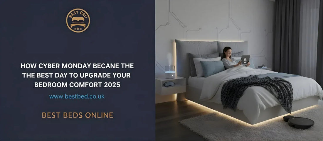 Cozy bedroom with upholstered bed frame and ottoman storage, highlighting Cyber Monday 2025 deals and stylish comfort