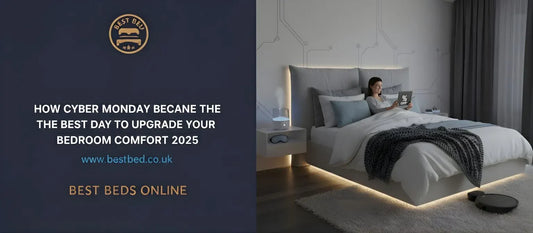 Cozy bedroom with upholstered bed frame and ottoman storage, highlighting Cyber Monday 2025 deals and stylish comfort