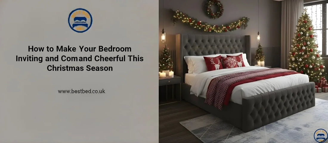 Cozy Christmas bedroom with upholstered bed, soft winter bedding, warm lighting, and festive seasonal decor