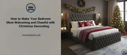 Cosy Christmas bedroom with warm lighting, layered bedding and a modern upholstered bed styled for the festive season.