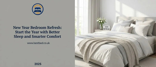 New Year bedroom refresh with modern bed frame, soft lighting, and organised storage for a calm and comfortable sleep space