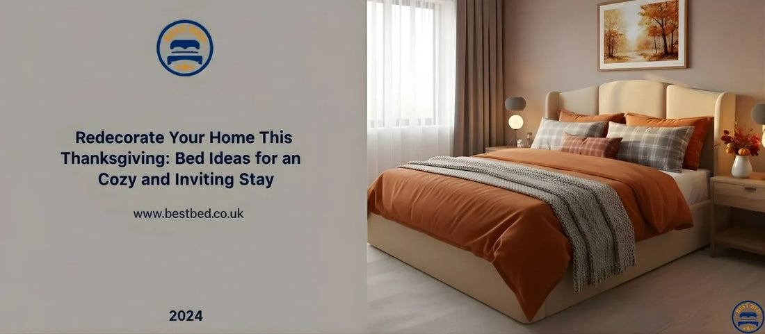 Stylish upholstered bed with cozy Thanksgiving decorations and soft lighting