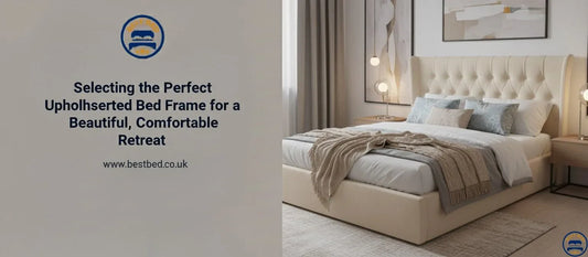 Elegant upholstered bed frame in a modern, peaceful bedroom setting