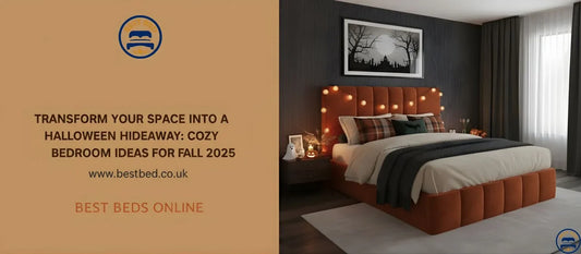 Warm autumn bedroom with soft lighting, pumpkin accents, and cozy bedding for Halloween season