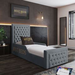 Kids Single Bed With High Base High Headboard High Footboard Grey Upholstered Chesterfield Beds Frame