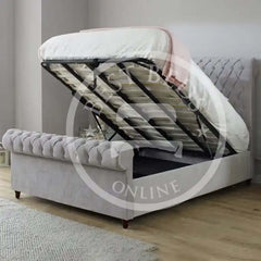 Silver Victoria Chesterfield Sleigh Ottoman Storage Bed Frame