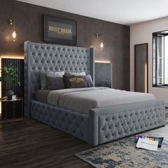 Super King Size Bed with High Base High Headboard High Footboard Grey Upholstered Chesterfield Wingback Beds Frame